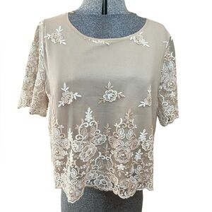 LC Lauren Runway Conrad Beige Floral Lace Embroidered Blouse